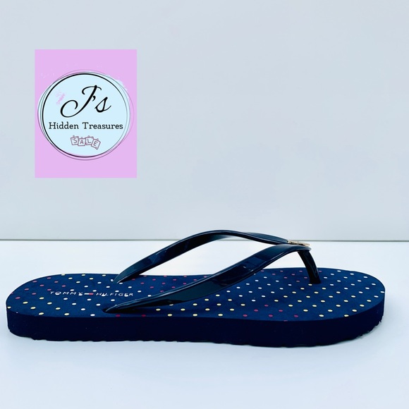 Tommy Hilfiger Flip Flop Navy/Color dots/Gold Sz 7 - Picture 1 of 12